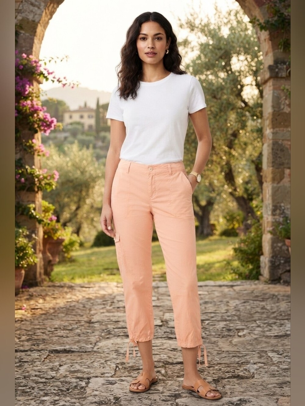 Relativity Cropped Peach Cotton Cargo Pants with Drawstring Hem Size 14